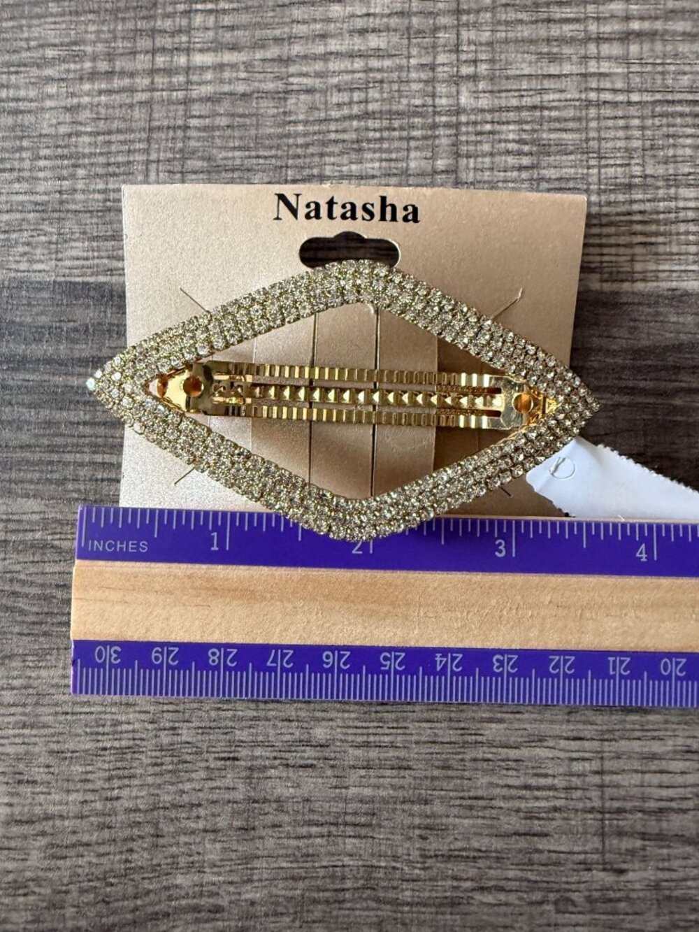 NWT Natasha Gold-Tone Rhinestone Barrette Diamond Shaped 3.5 Inches Bridal Prom - Picture 5 of 5